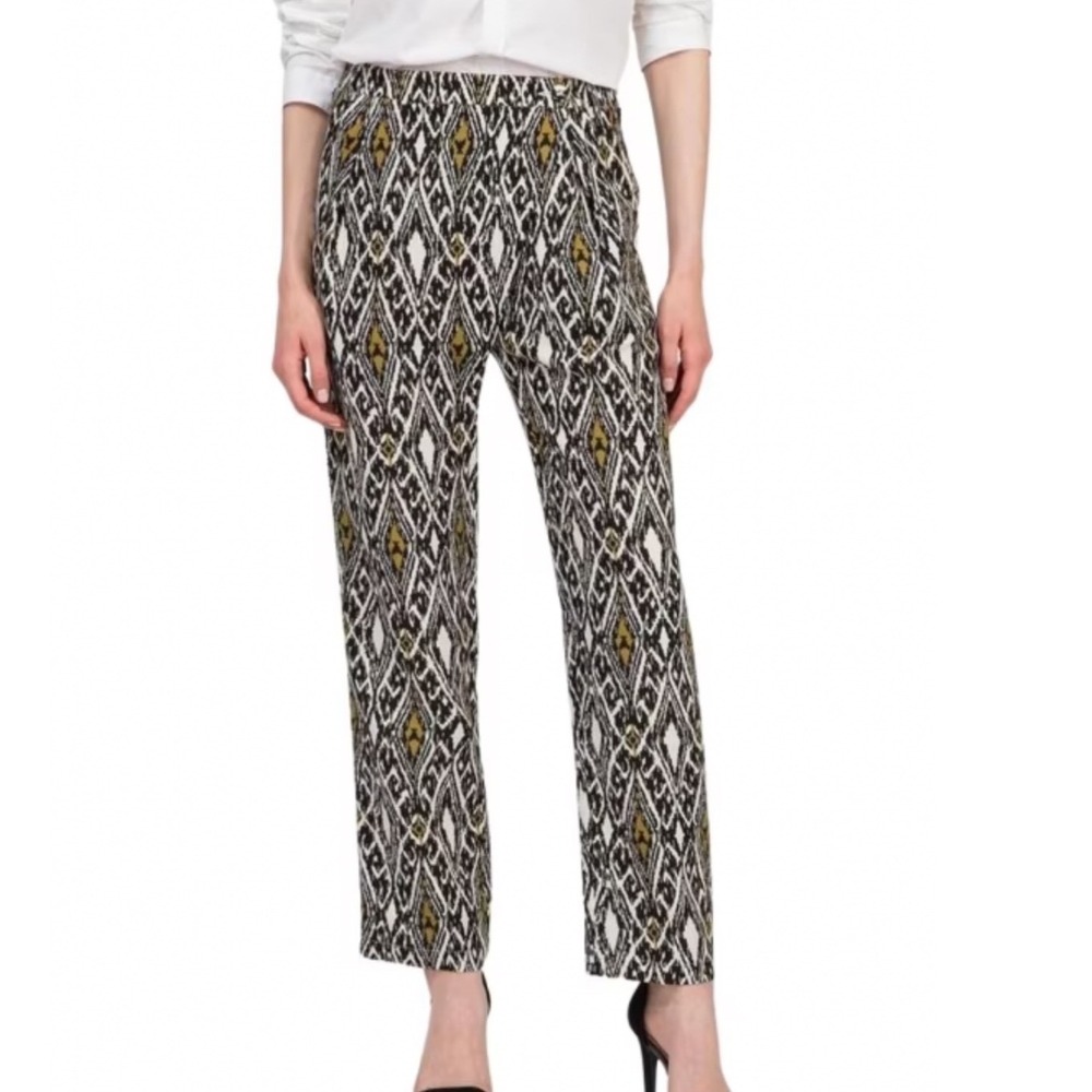 Patrizia Pepe Ikat Diamond Print Beaded Side Stripe Linen Blend Pants Size 6 NWT
